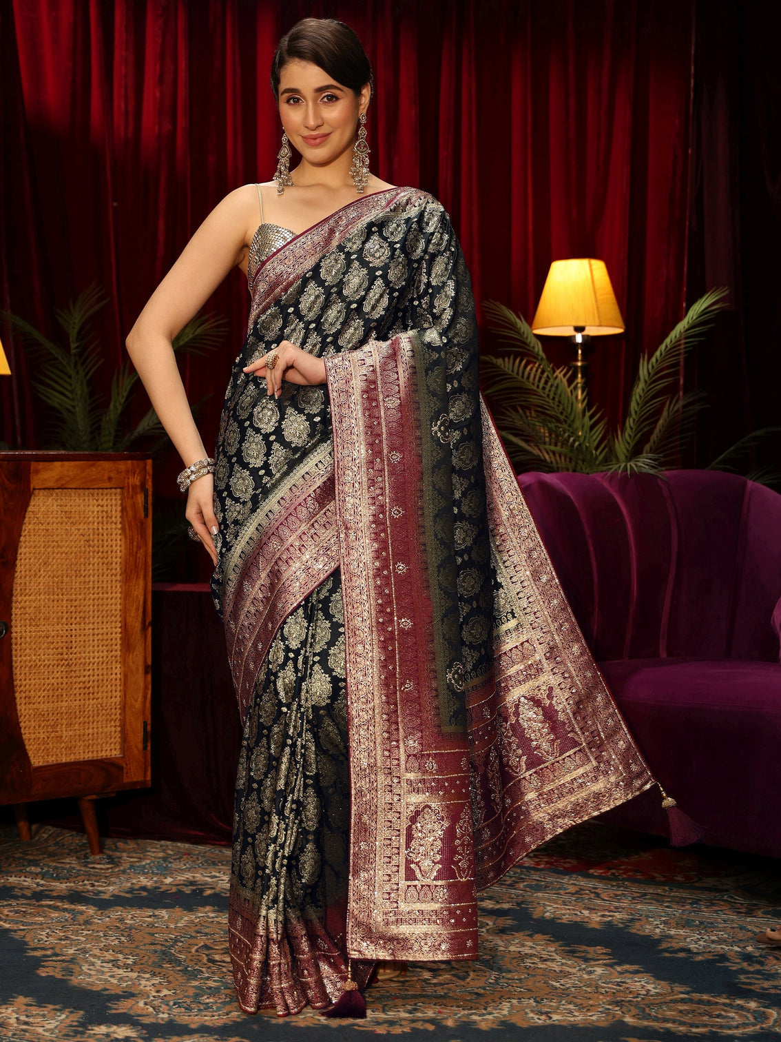 Mameraa Art Midnight Blue Woven Design Embellished Silk Blend Saree
