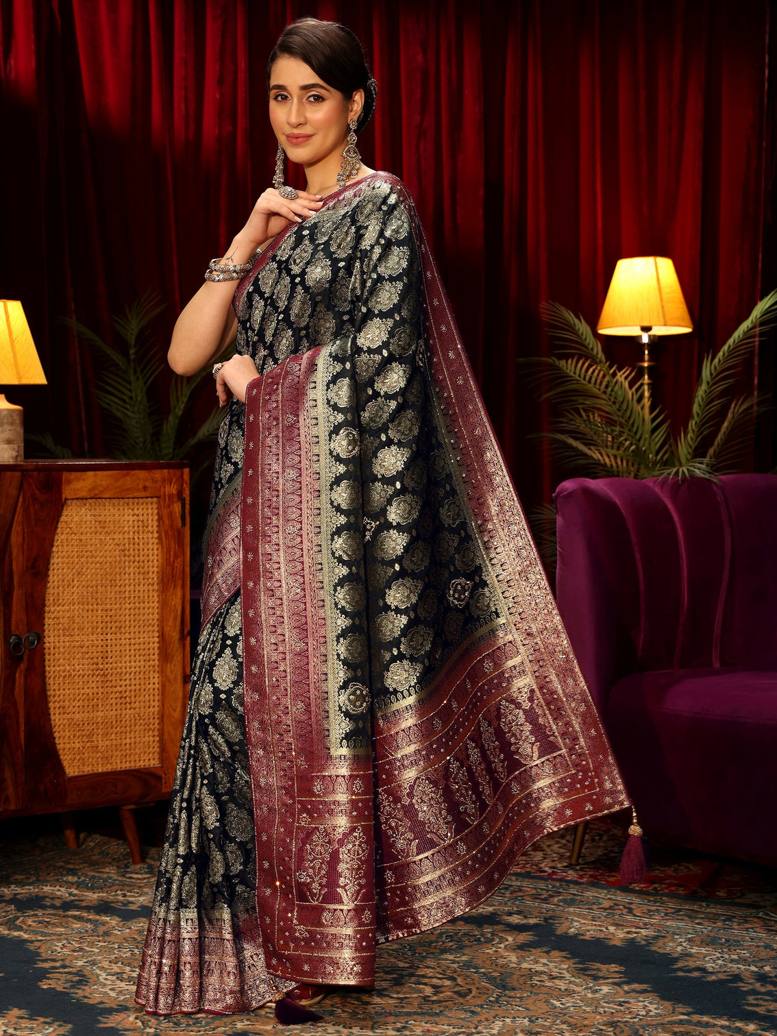 Mameraa Art Midnight Blue Woven Design Embellished Silk Blend Saree