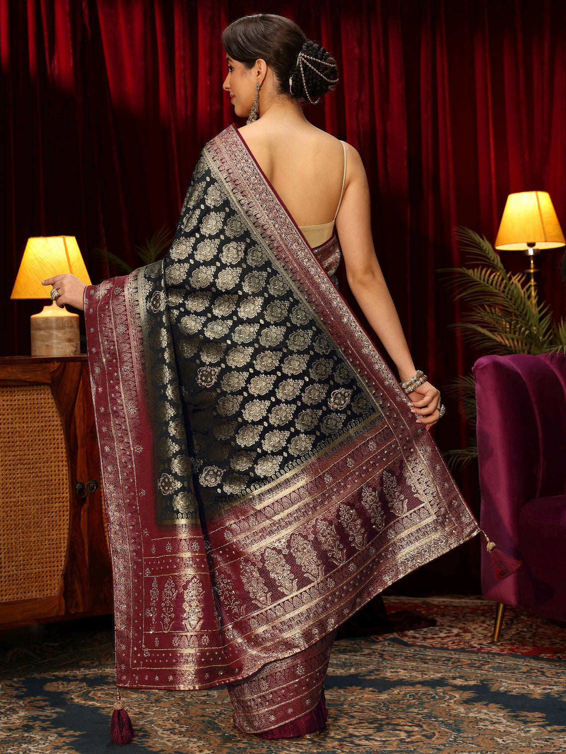 Mameraa Art Midnight Blue Woven Design Embellished Silk Blend Saree