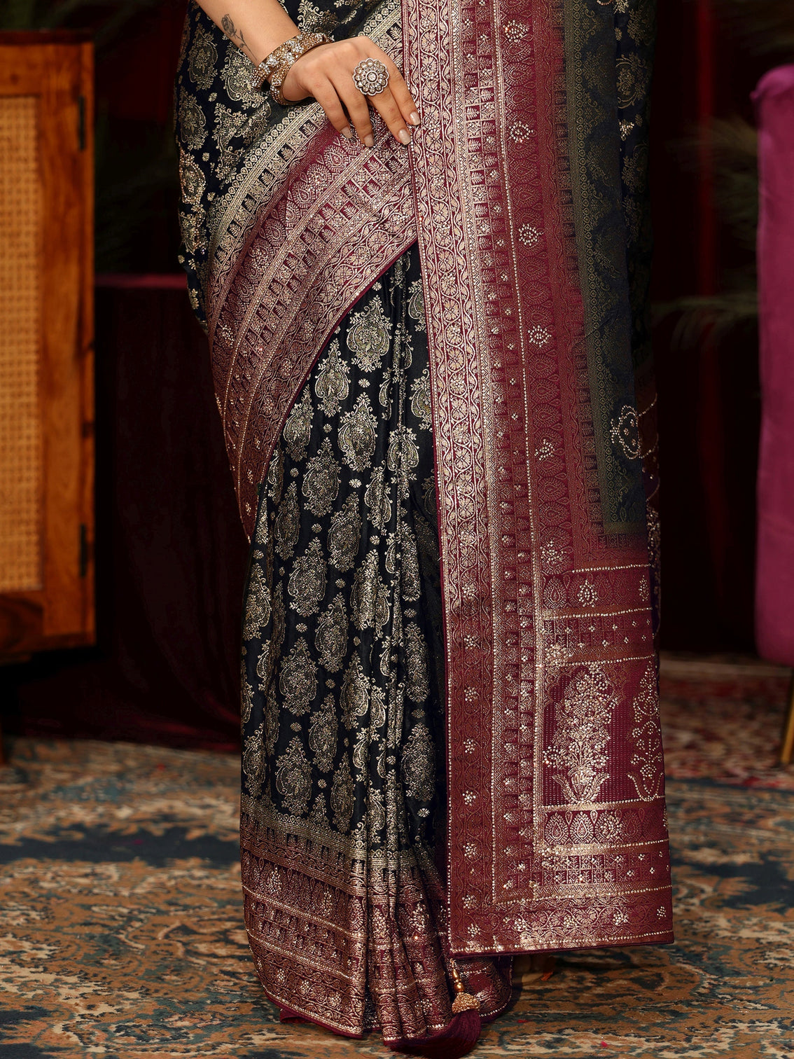 Mameraa Art Midnight Blue Woven Design Embellished Silk Blend Saree