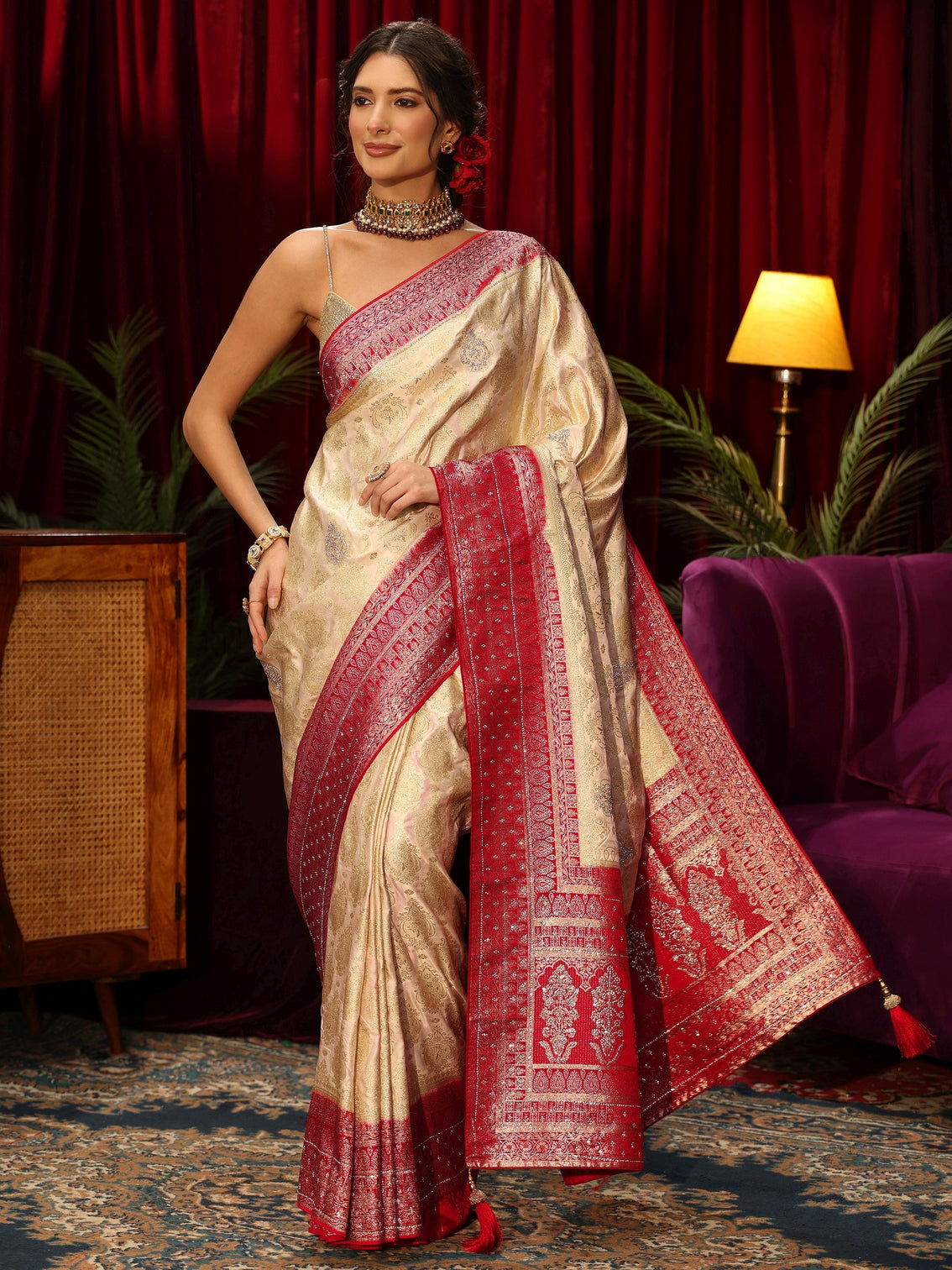Mameraa Art Cream Woven Design Silk Blend Saree with Stone Work