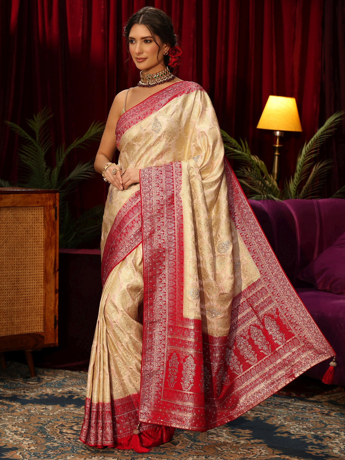 Mameraa Art Cream Woven Design Silk Blend Saree with Stone Work