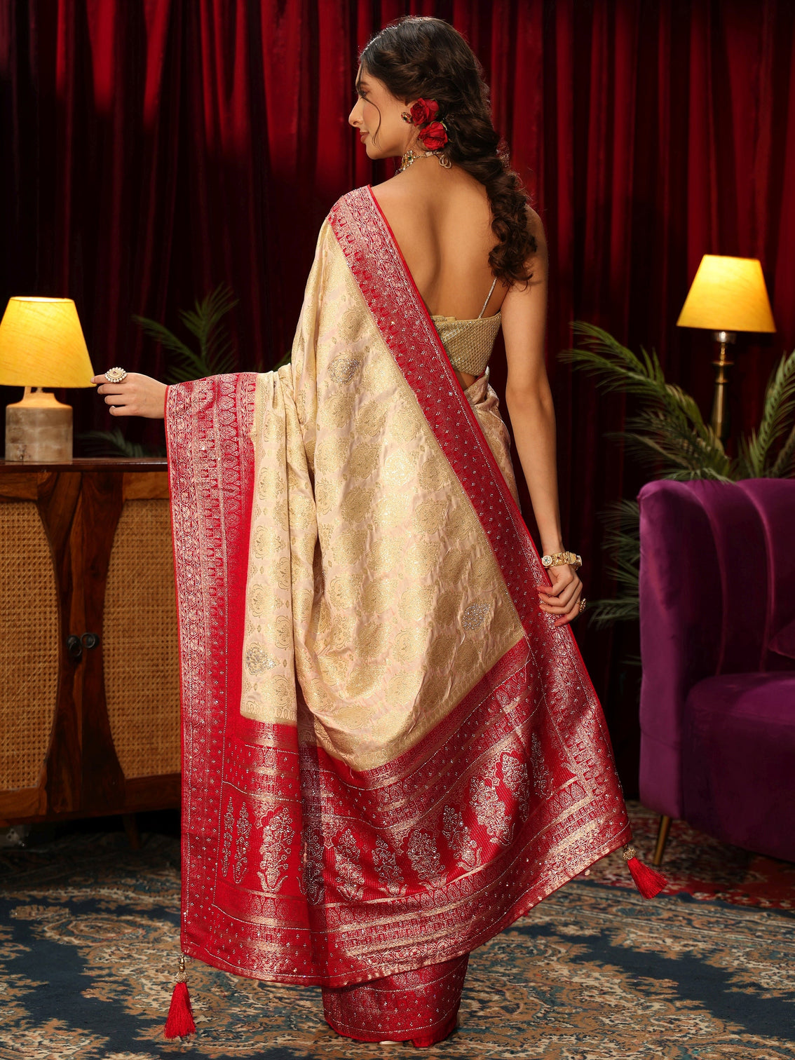 Mameraa Art Cream Woven Design Silk Blend Saree with Stone Work
