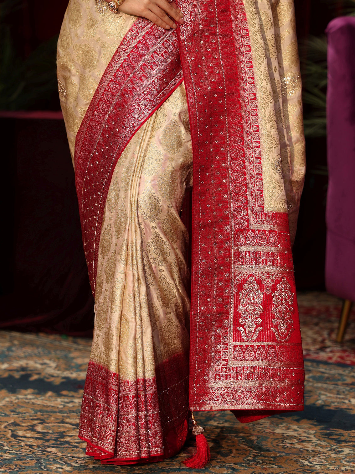 Mameraa Art Cream Woven Design Silk Blend Saree with Stone Work