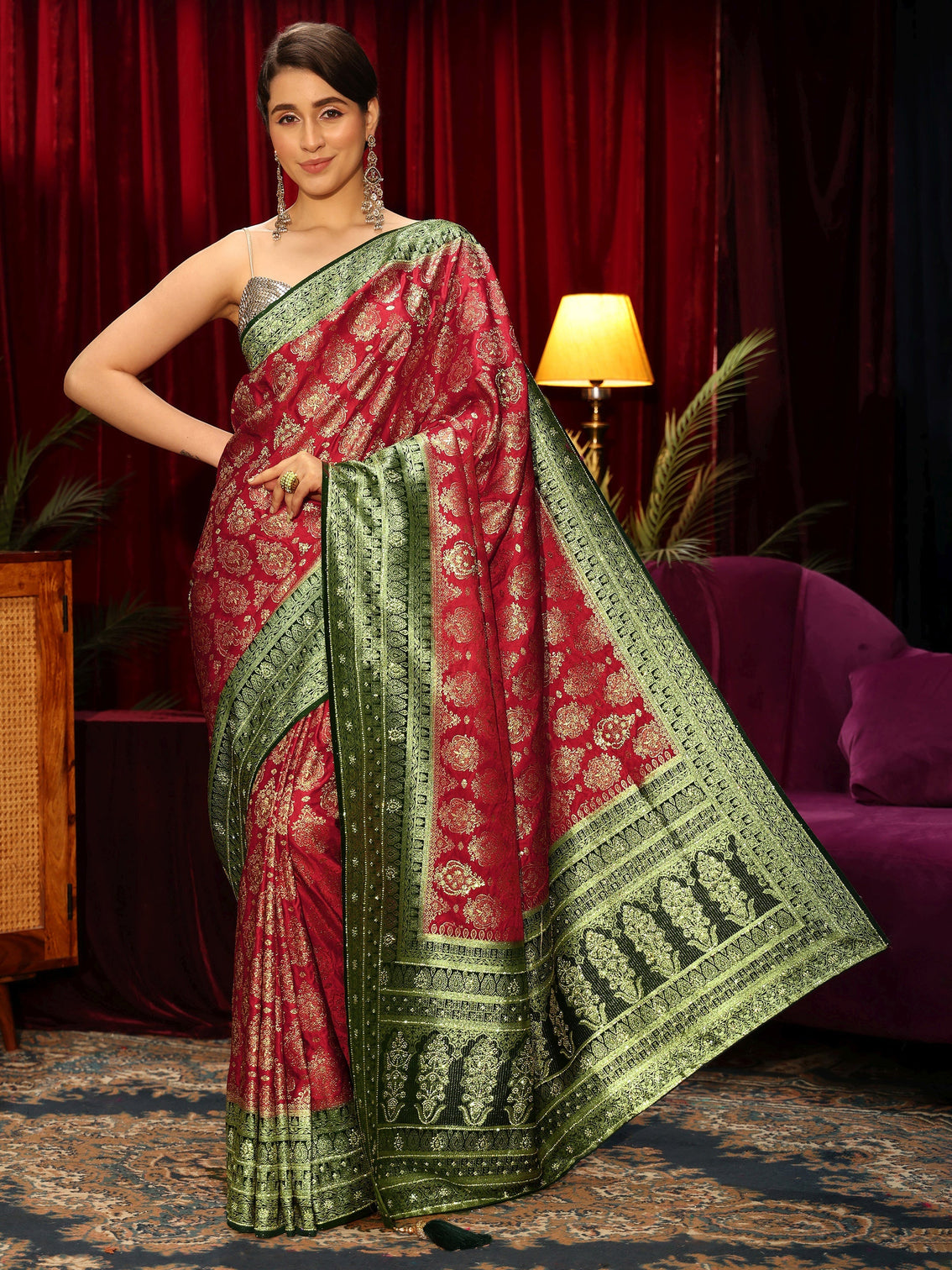 Mameraa Art Red Woven Design Embellished Silk Blend Saree