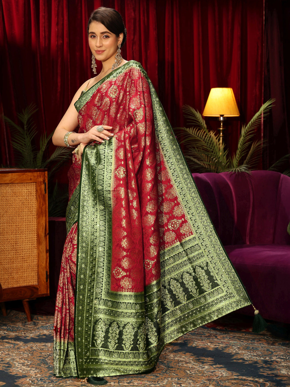Mameraa Art Red Woven Design Embellished Silk Blend Saree
