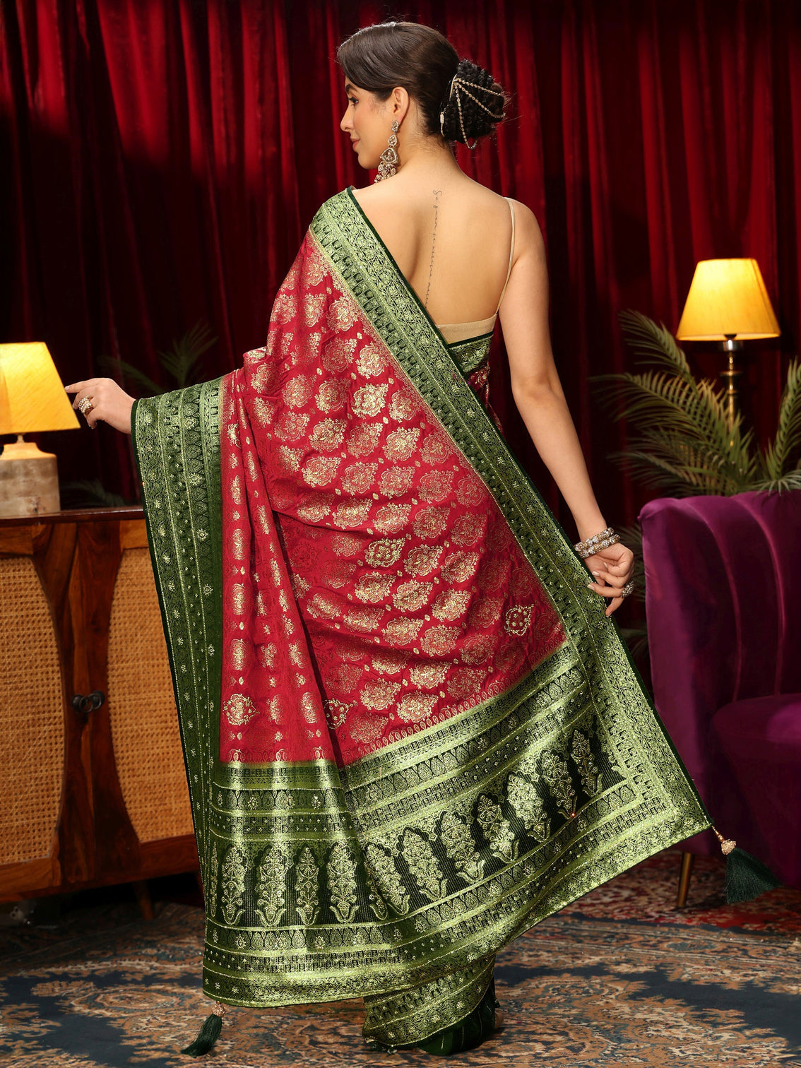 Mameraa Art Red Woven Design Embellished Silk Blend Saree