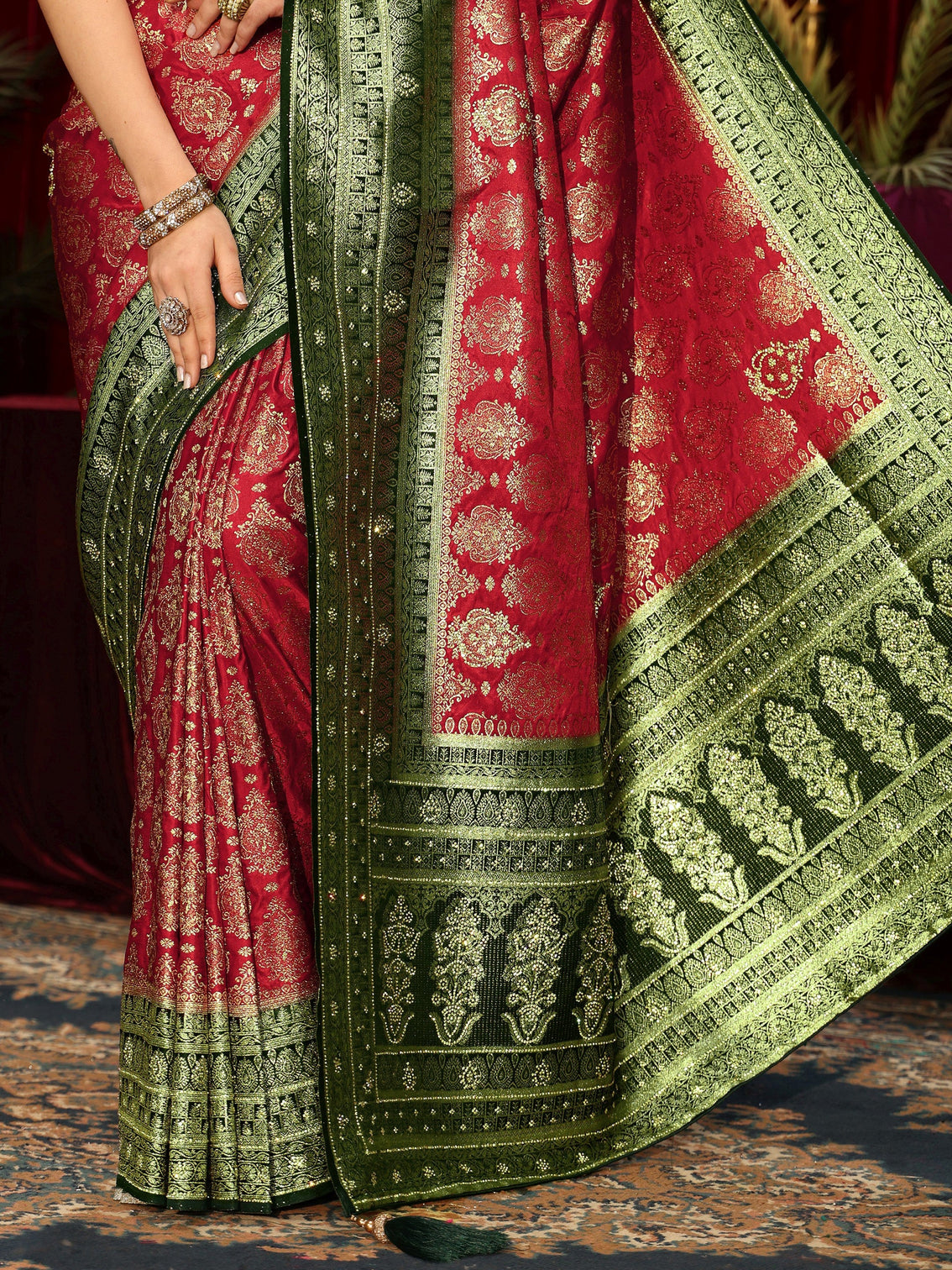 Mameraa Art Red Woven Design Embellished Silk Blend Saree