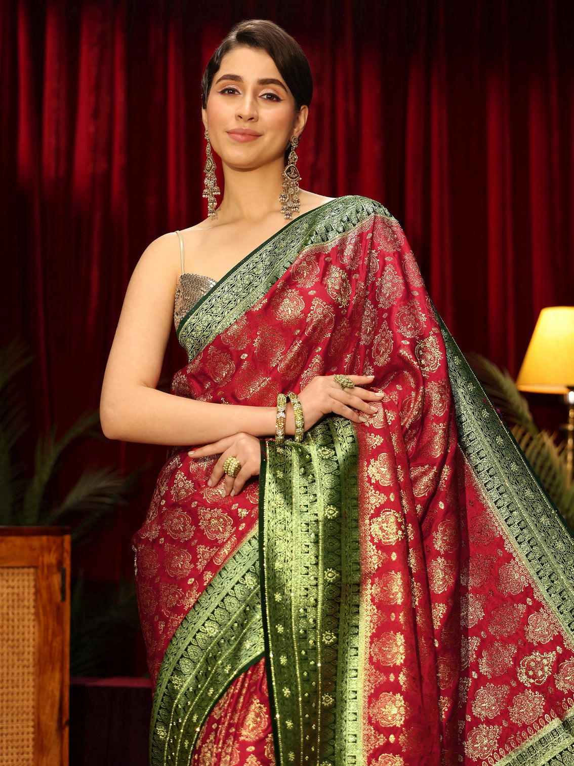 Mameraa Art Red Woven Design Embellished Silk Blend Saree