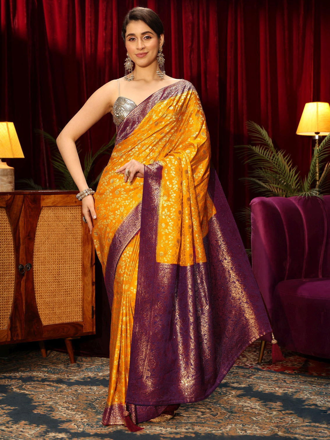Mameraa Mustard Woven Design Stone Embellished Satin Saree