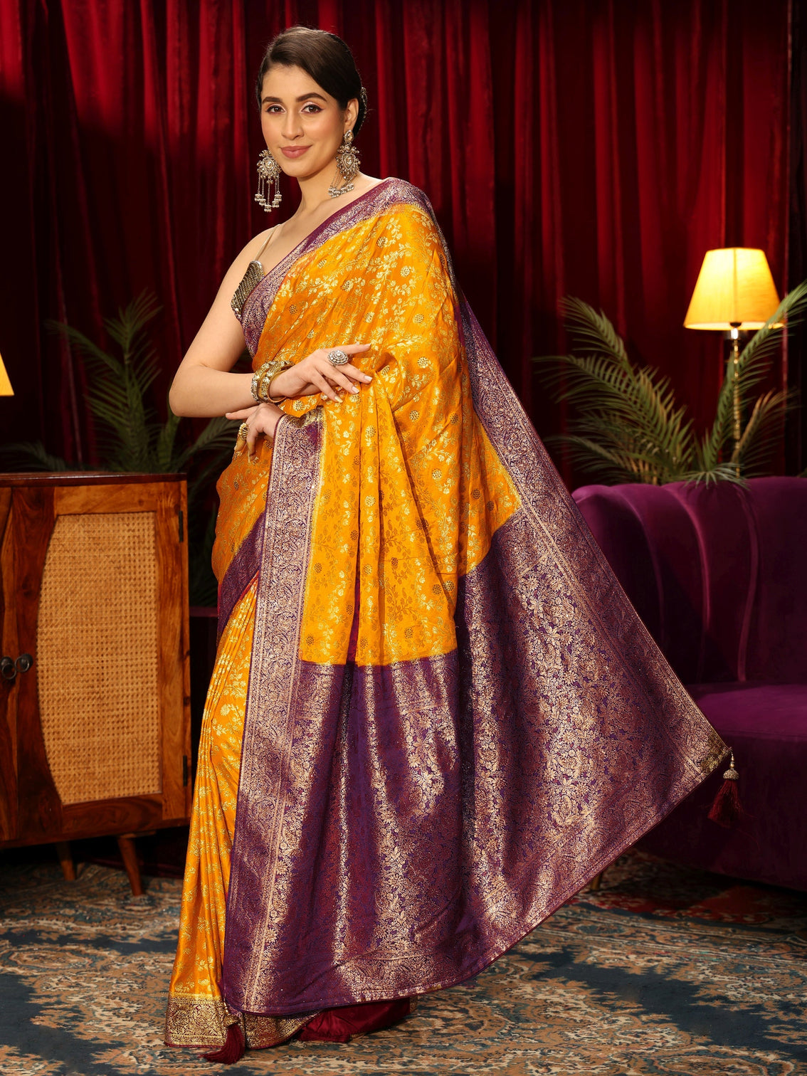 Mameraa Mustard Woven Design Stone Embellished Satin Saree