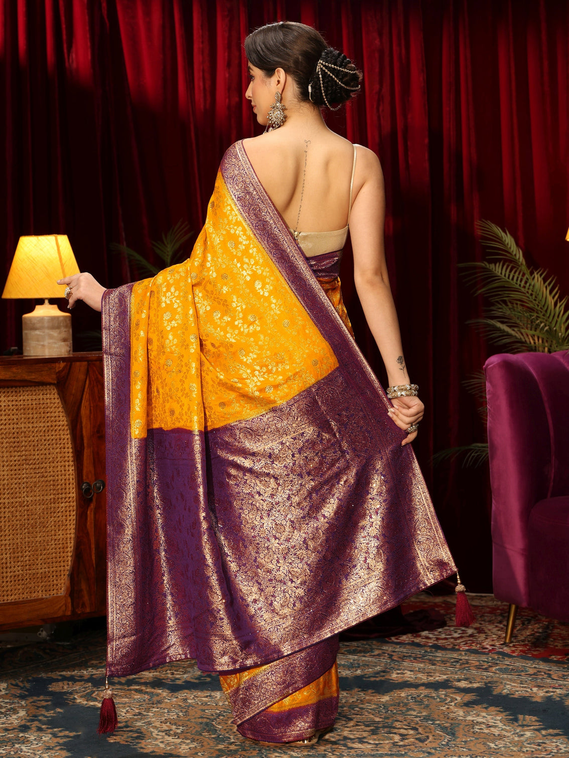 Mameraa Mustard Woven Design Stone Embellished Satin Saree