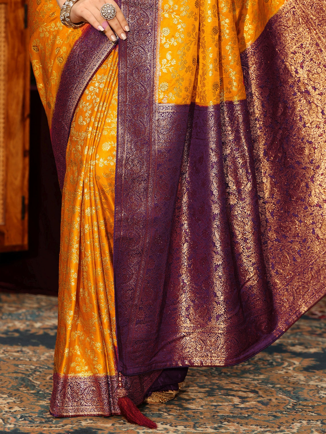 Mameraa Mustard Woven Design Stone Embellished Satin Saree
