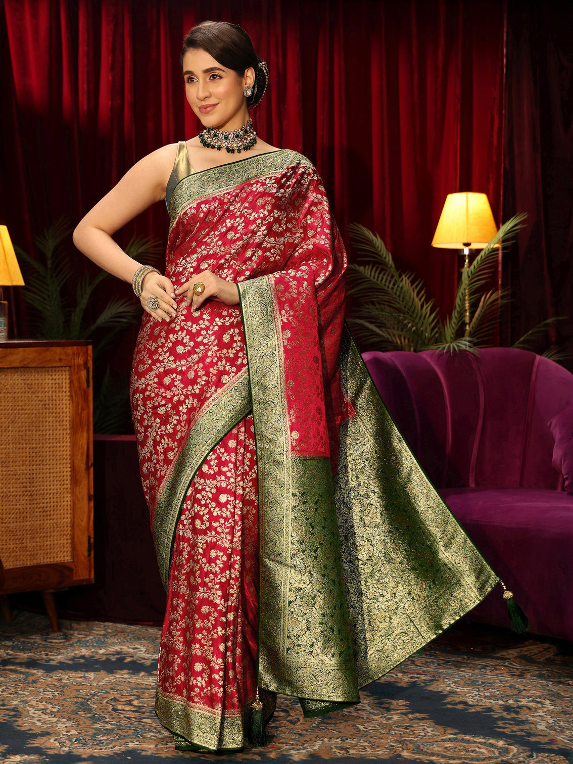 Mameraa Red Woven Design Stone Embellished Satin Saree
