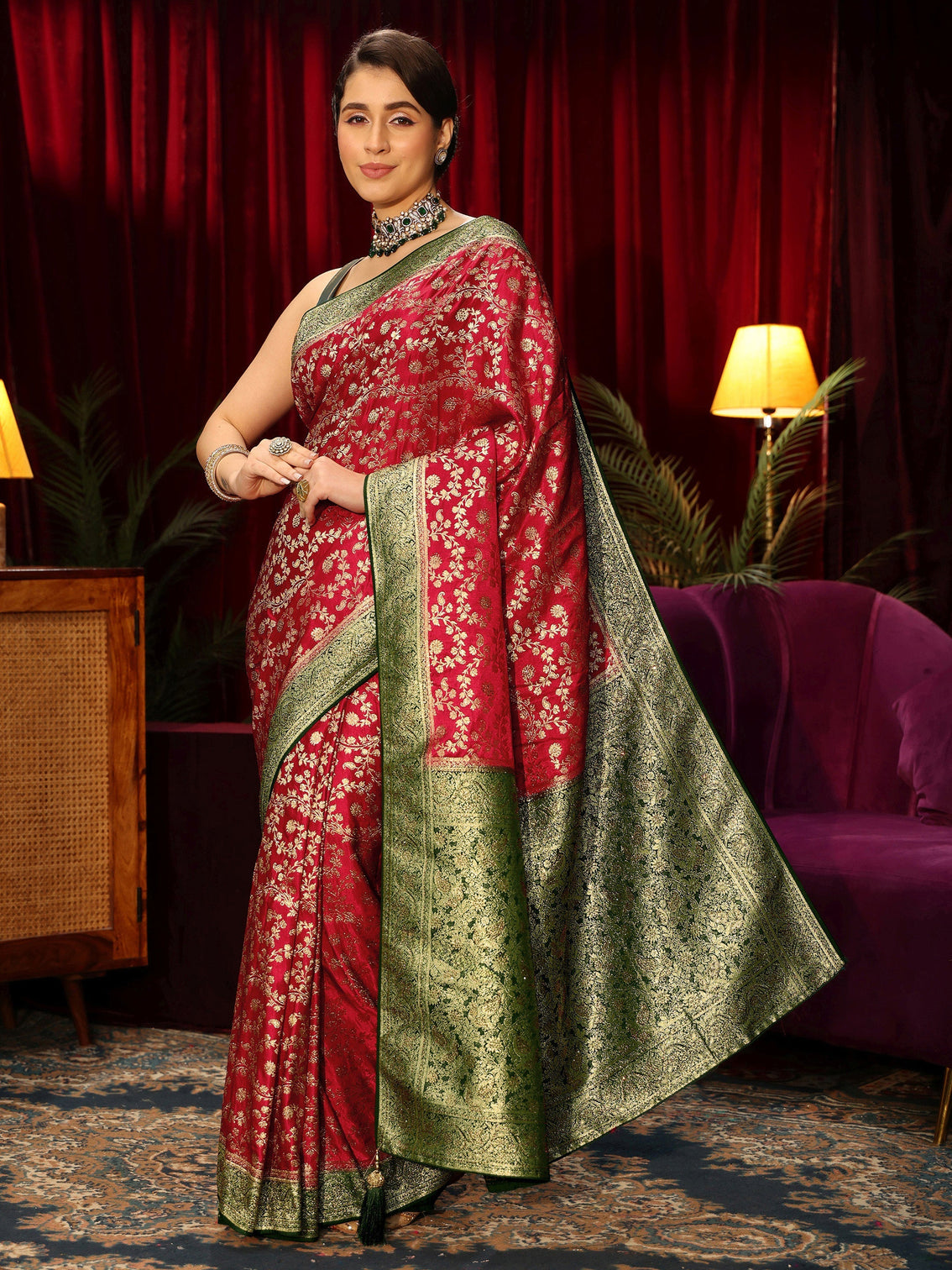 Mameraa Red Woven Design Stone Embellished Satin Saree