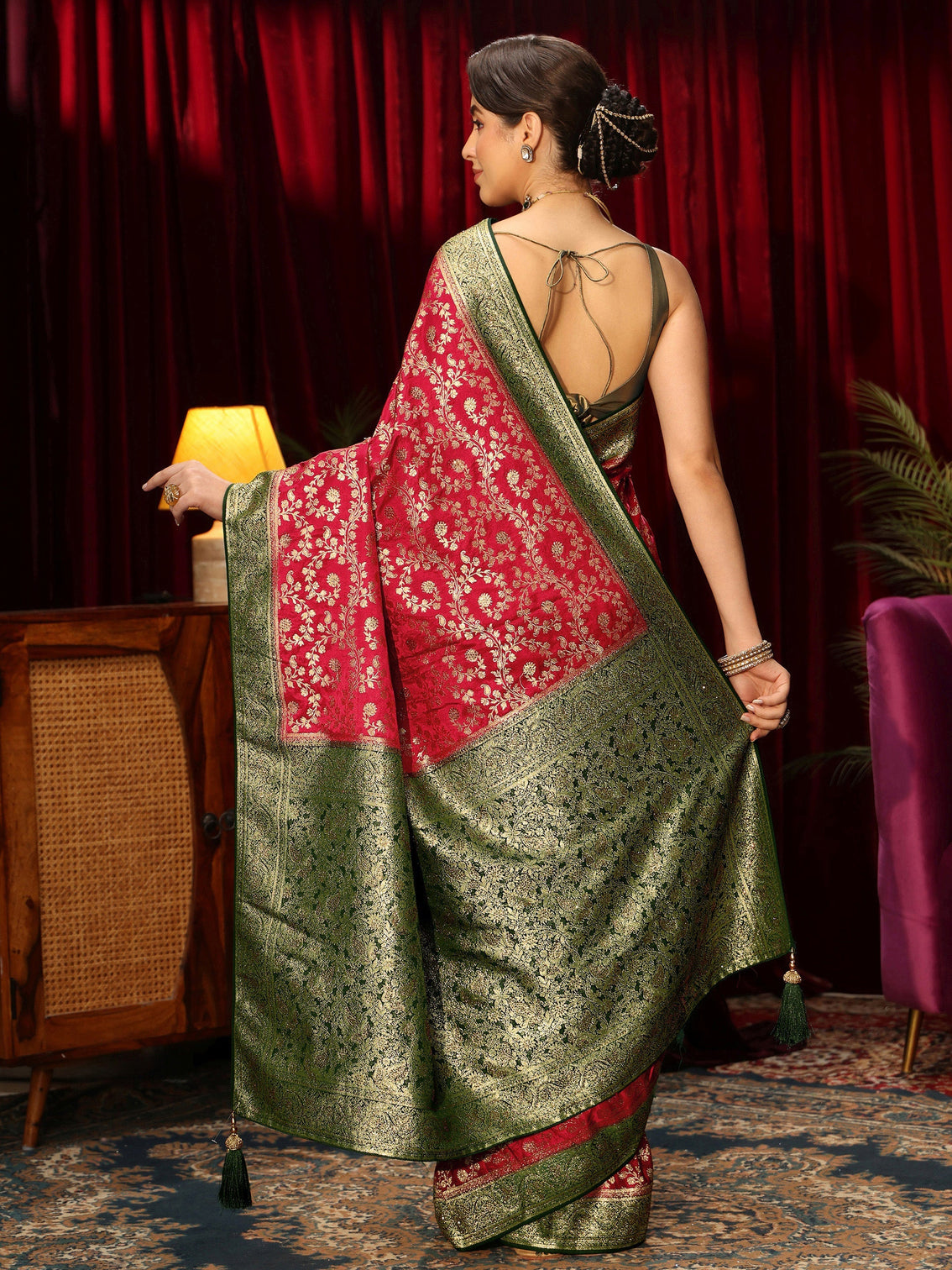 Mameraa Red Woven Design Stone Embellished Satin Saree