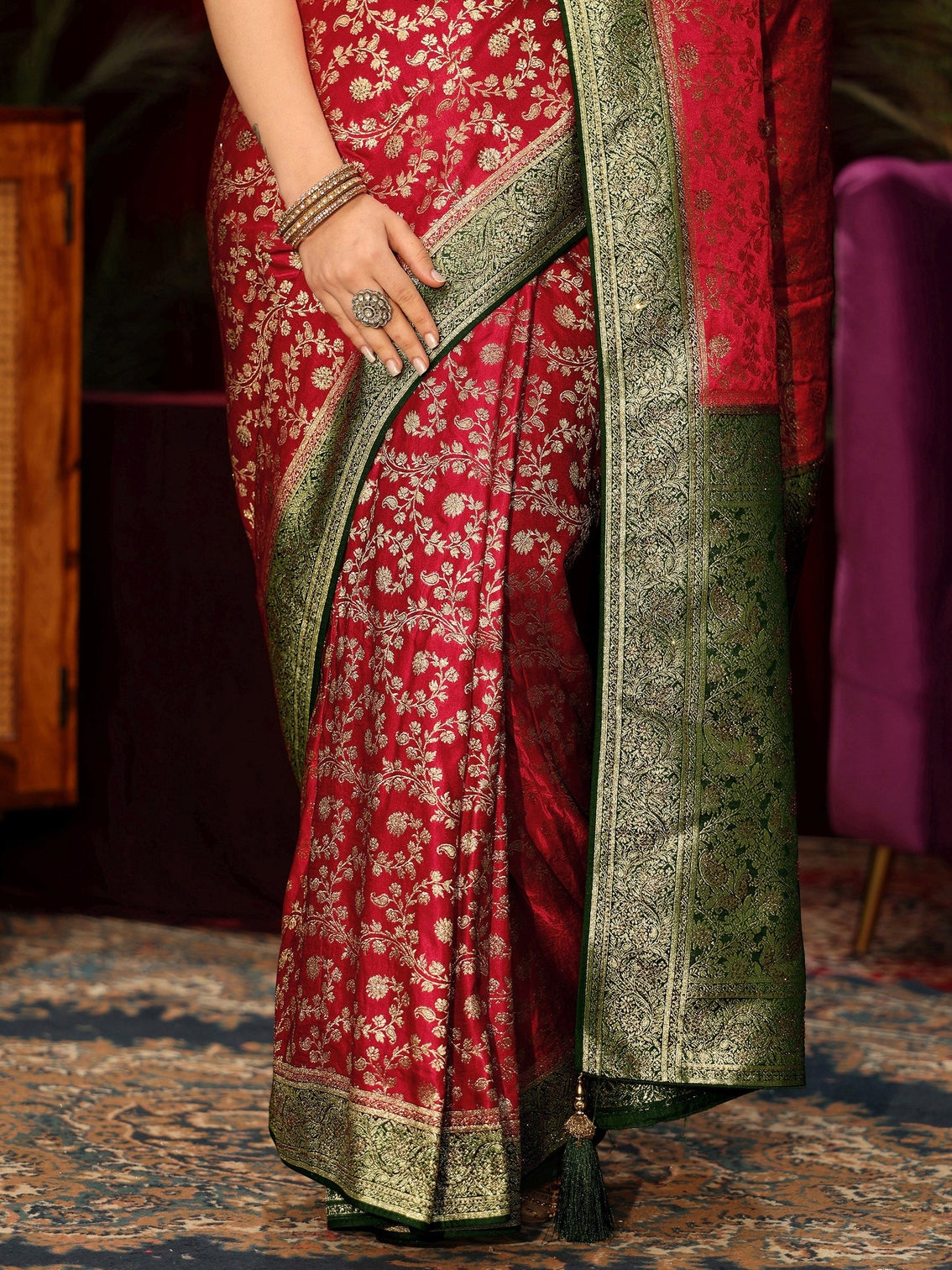 Mameraa Red Woven Design Stone Embellished Satin Saree