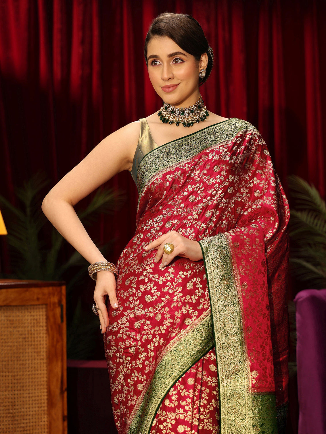 Mameraa Red Woven Design Stone Embellished Satin Saree