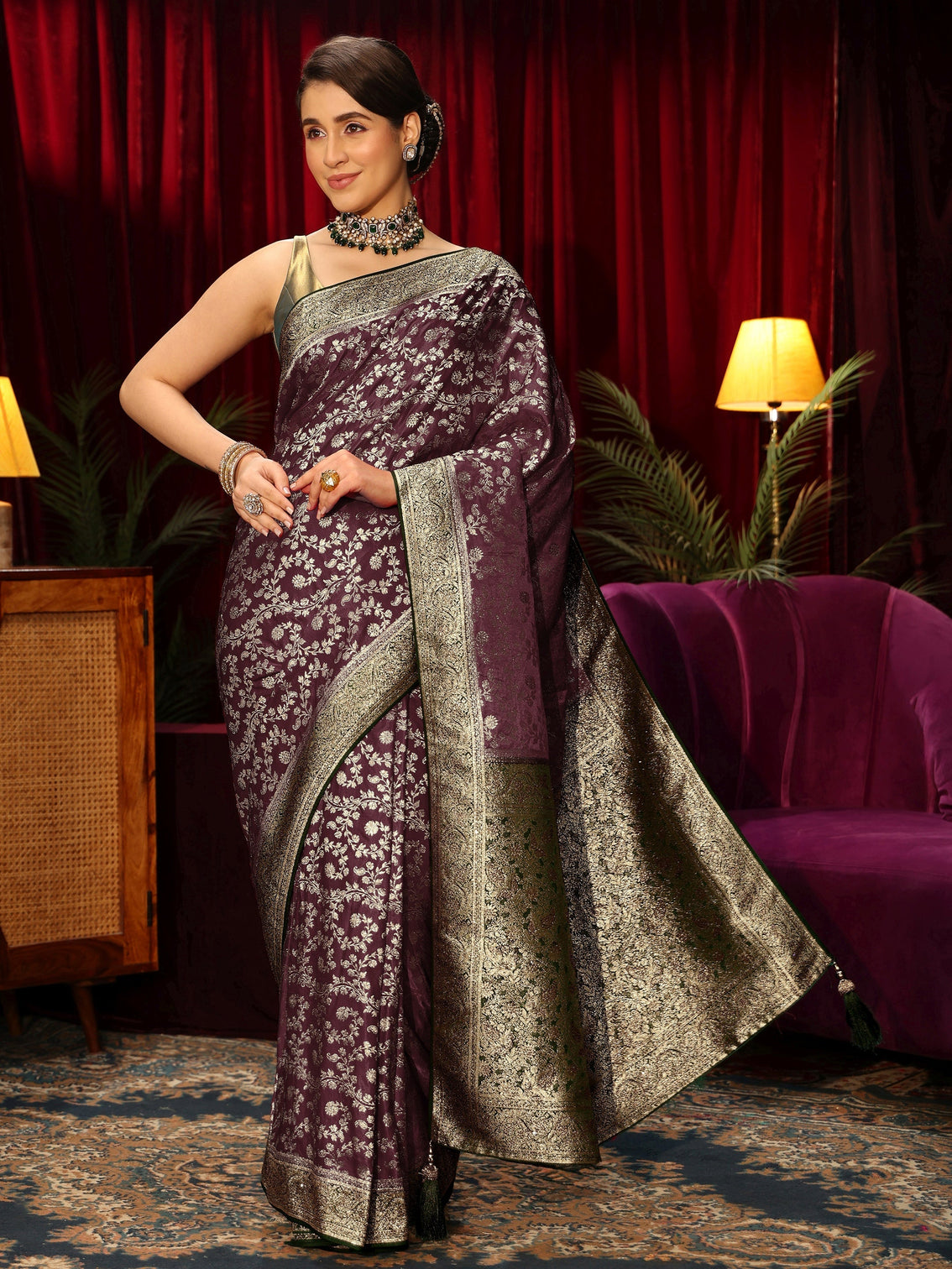 Mameraa Maroon Floral Woven Design Stone Embellished Satin Saree