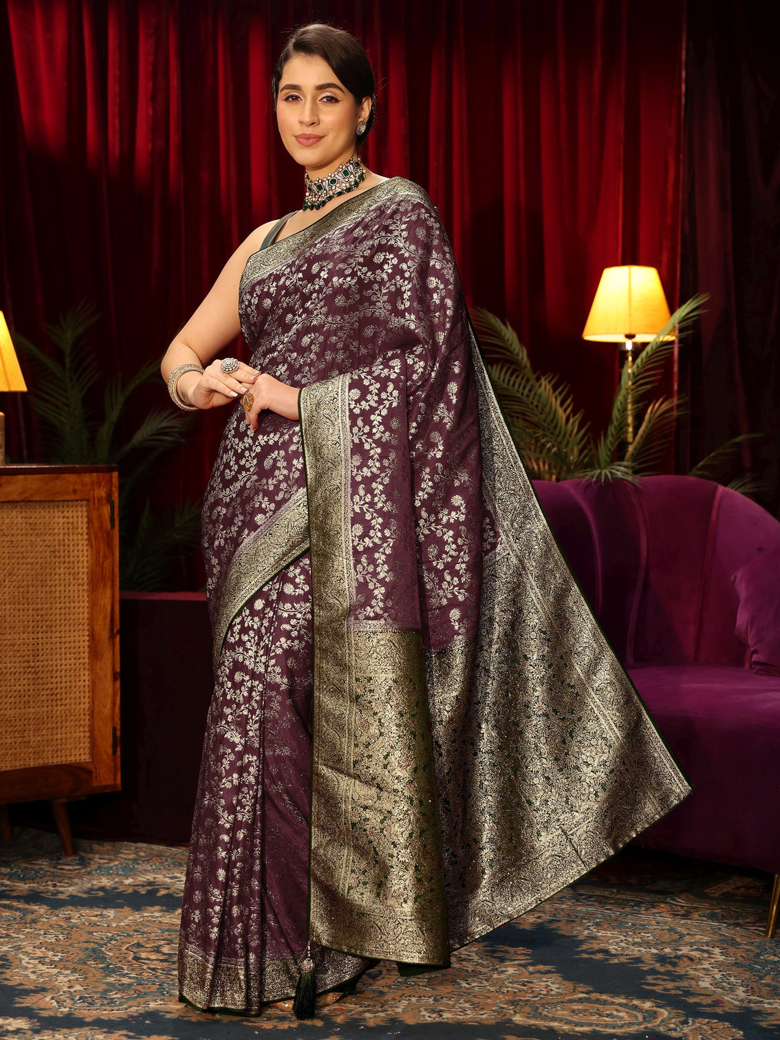 Mameraa Maroon Floral Woven Design Stone Embellished Satin Saree