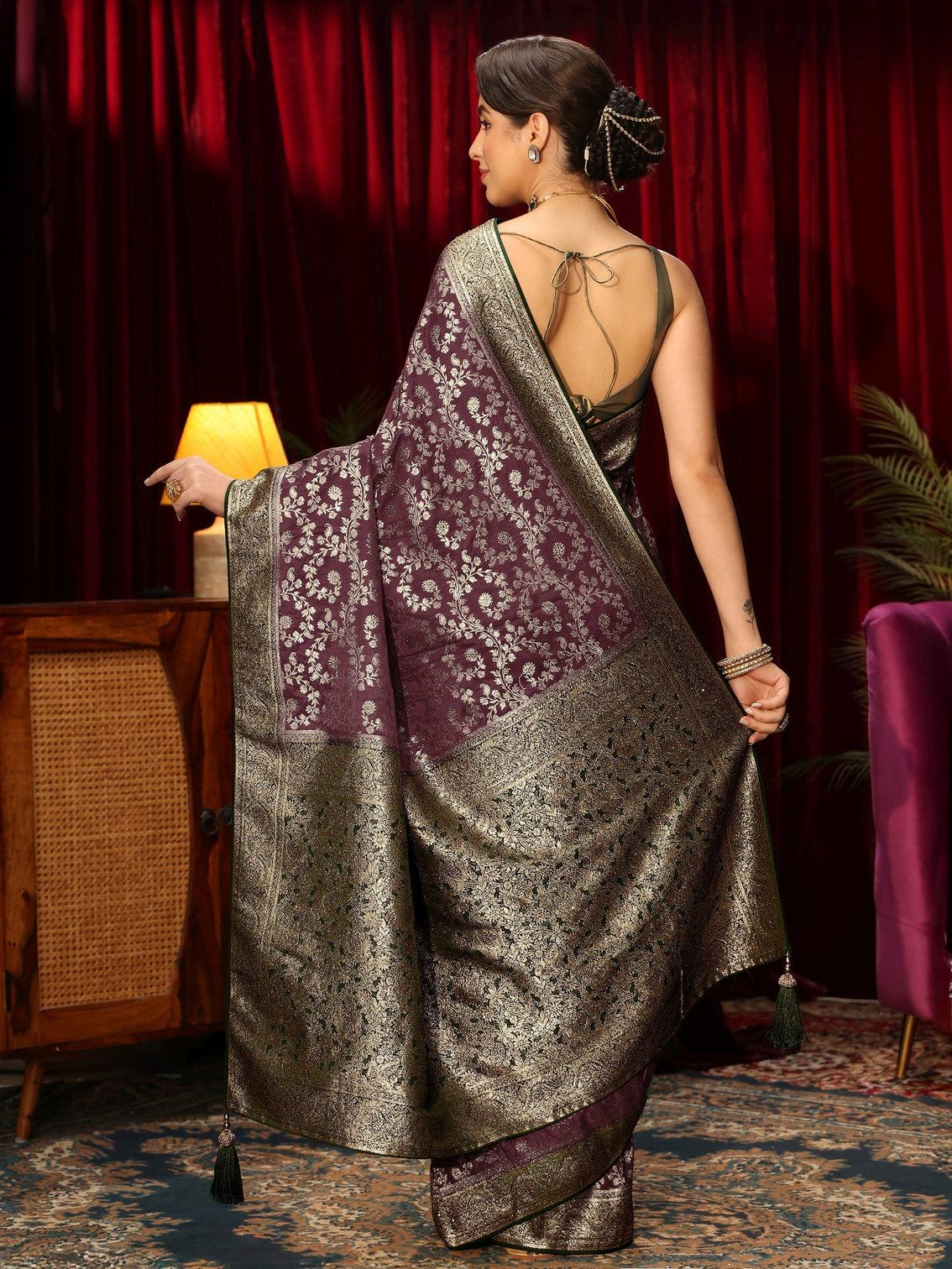 Mameraa Maroon Floral Woven Design Stone Embellished Satin Saree