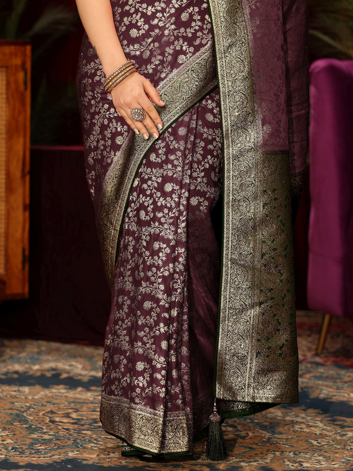 Mameraa Maroon Floral Woven Design Stone Embellished Satin Saree