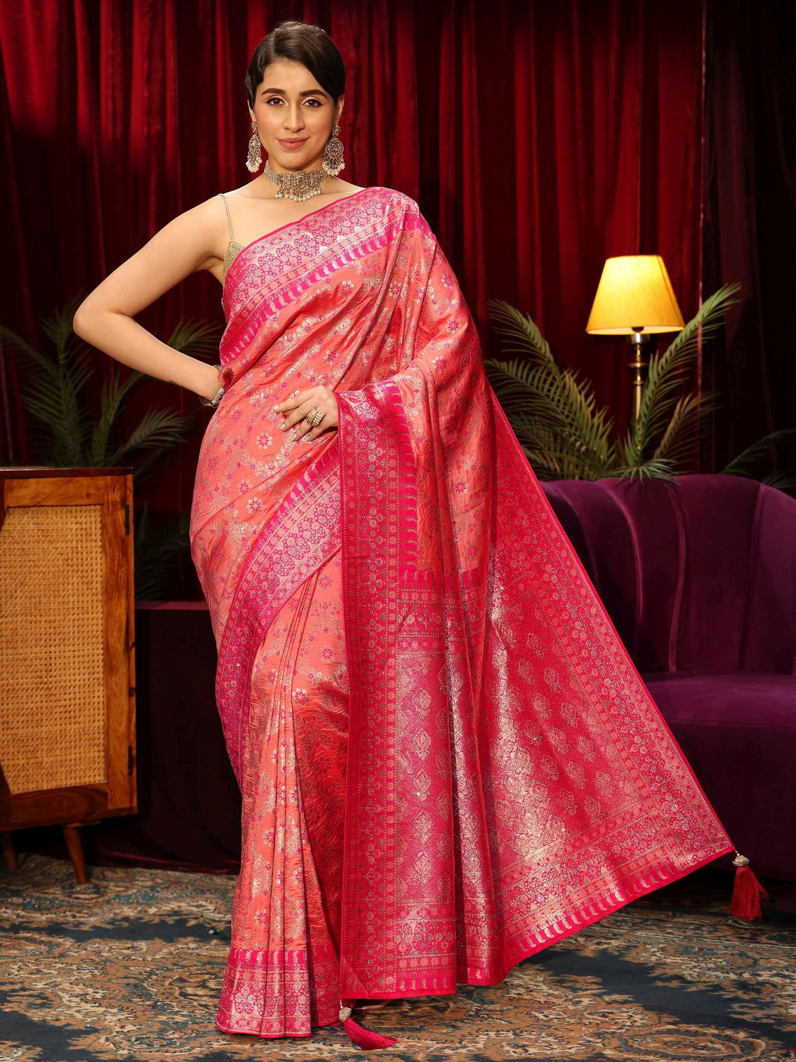 Mameraa Peach Pink Woven Design Stone Embellished Brocade Saree