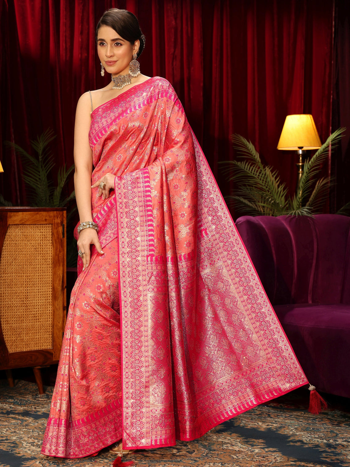Mameraa Peach Pink Woven Design Stone Embellished Brocade Saree