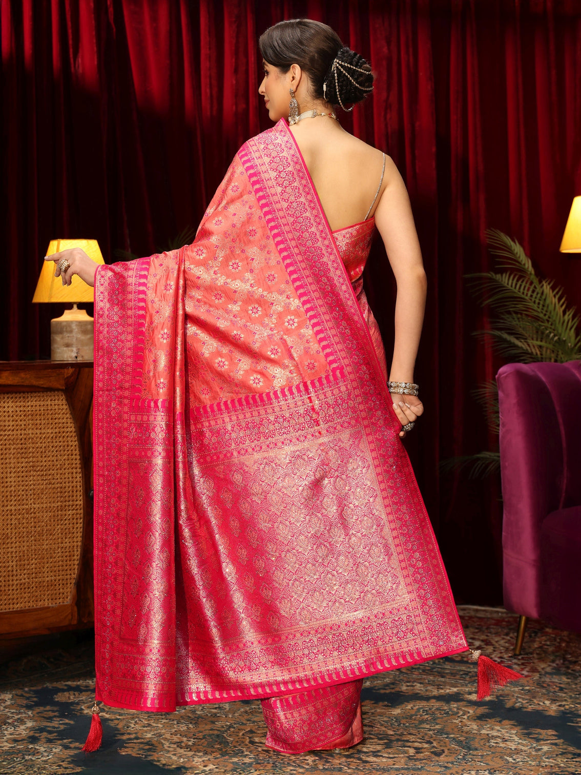 Mameraa Peach Pink Woven Design Stone Embellished Brocade Saree