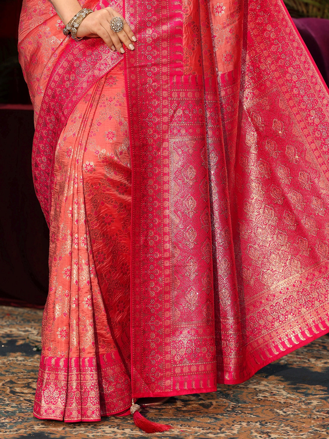 Mameraa Peach Pink Woven Design Stone Embellished Brocade Saree