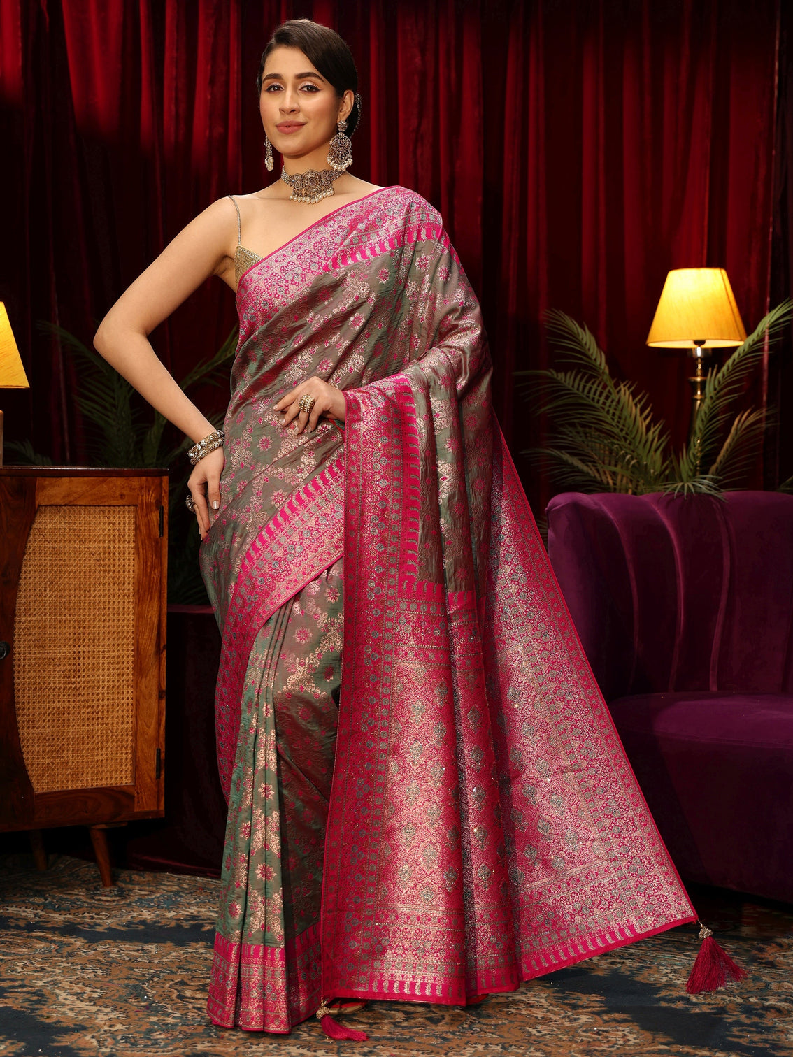 Mameraa Grey Floral Woven Design Embellished Brocade Saree