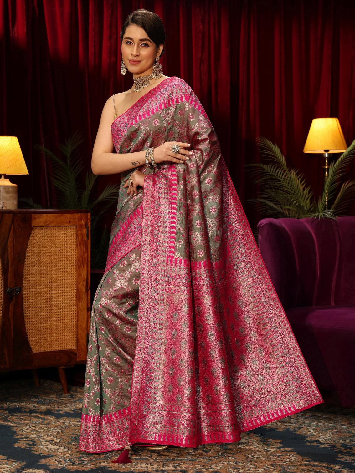 Mameraa Grey Floral Woven Design Embellished Brocade Saree
