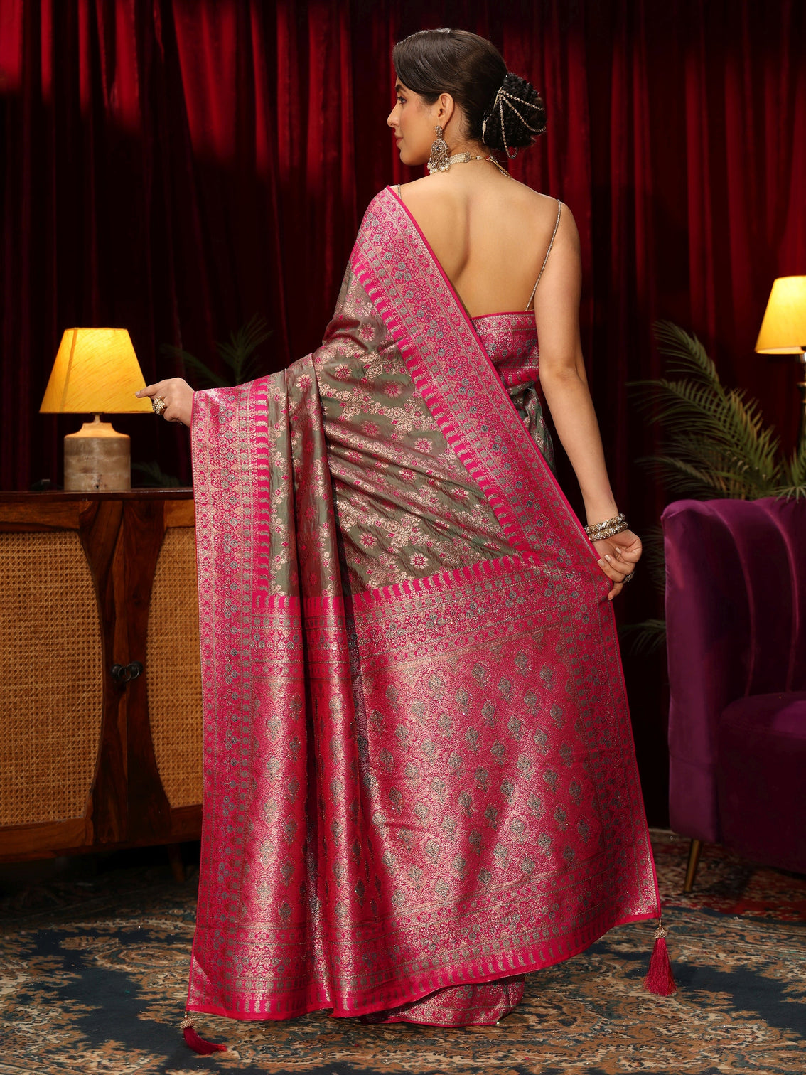 Mameraa Grey Floral Woven Design Embellished Brocade Saree