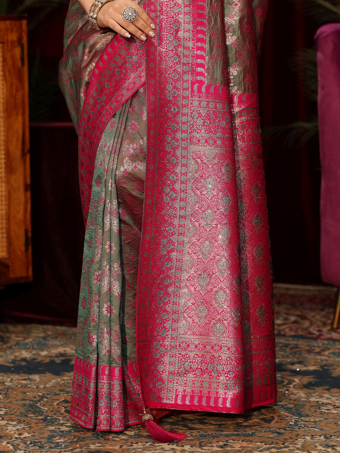 Mameraa Grey Floral Woven Design Embellished Brocade Saree