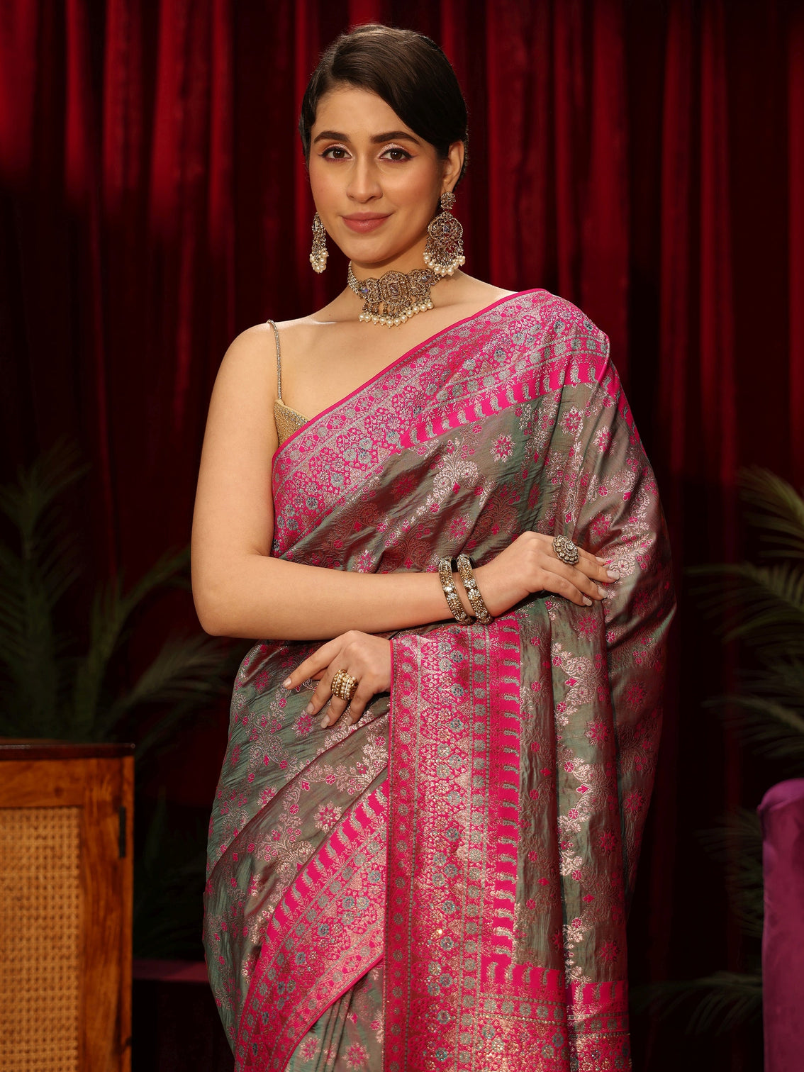 Mameraa Grey Floral Woven Design Embellished Brocade Saree