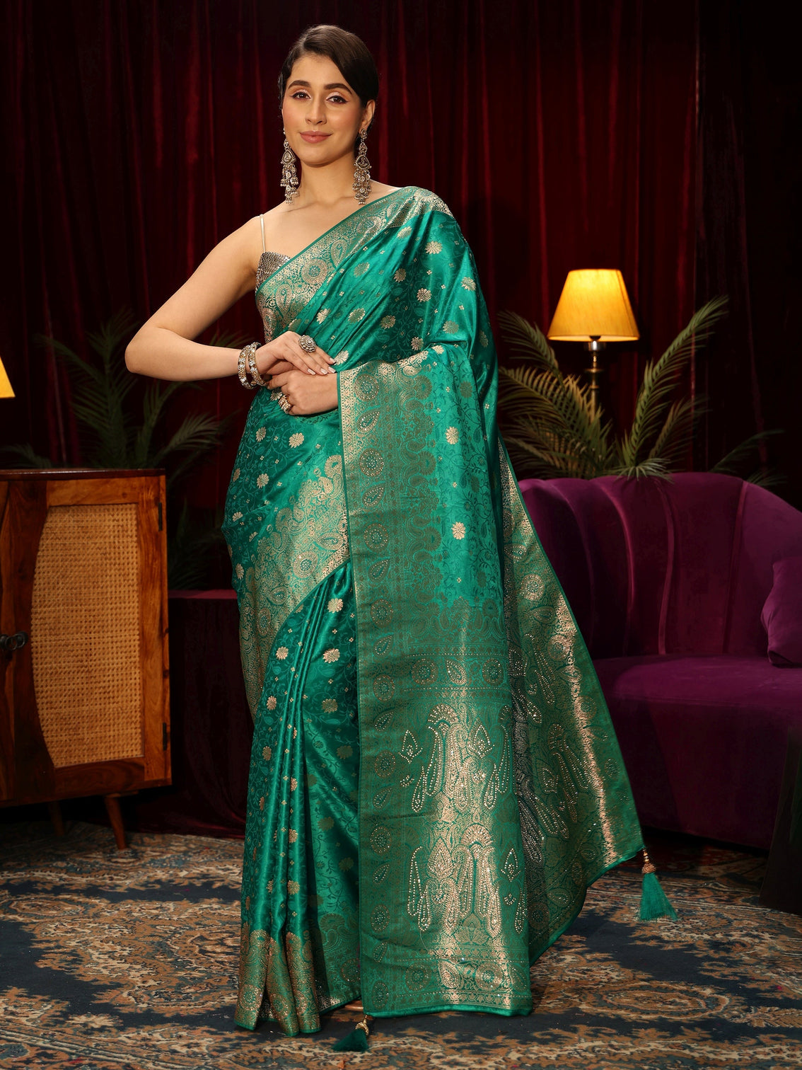 Mameraa Teal Green Floral Woven Design Embellished Brocade Saree