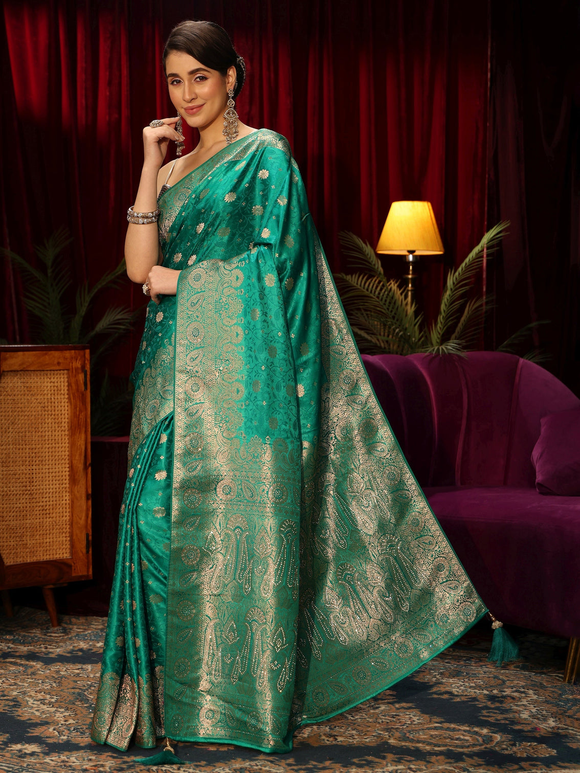 Mameraa Teal Green Floral Woven Design Embellished Brocade Saree