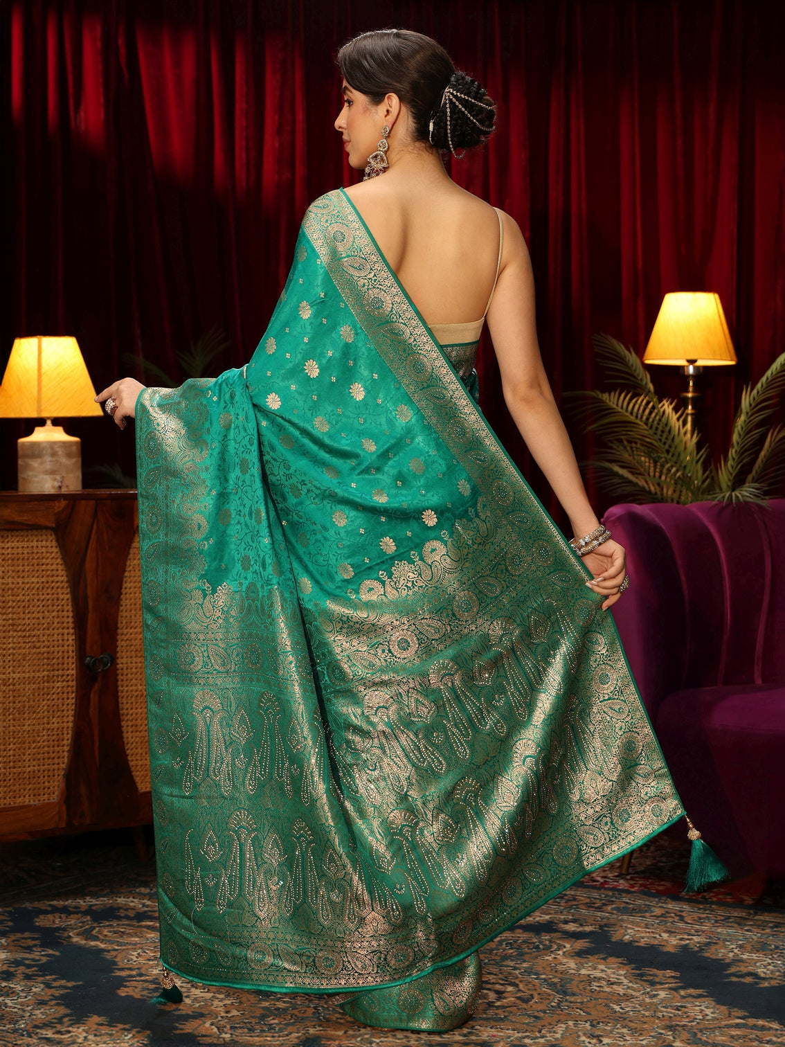 Mameraa Teal Green Floral Woven Design Embellished Brocade Saree