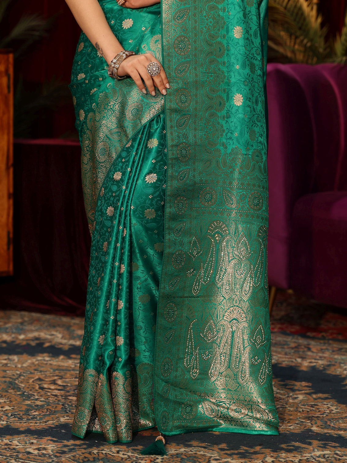 Mameraa Teal Green Floral Woven Design Embellished Brocade Saree