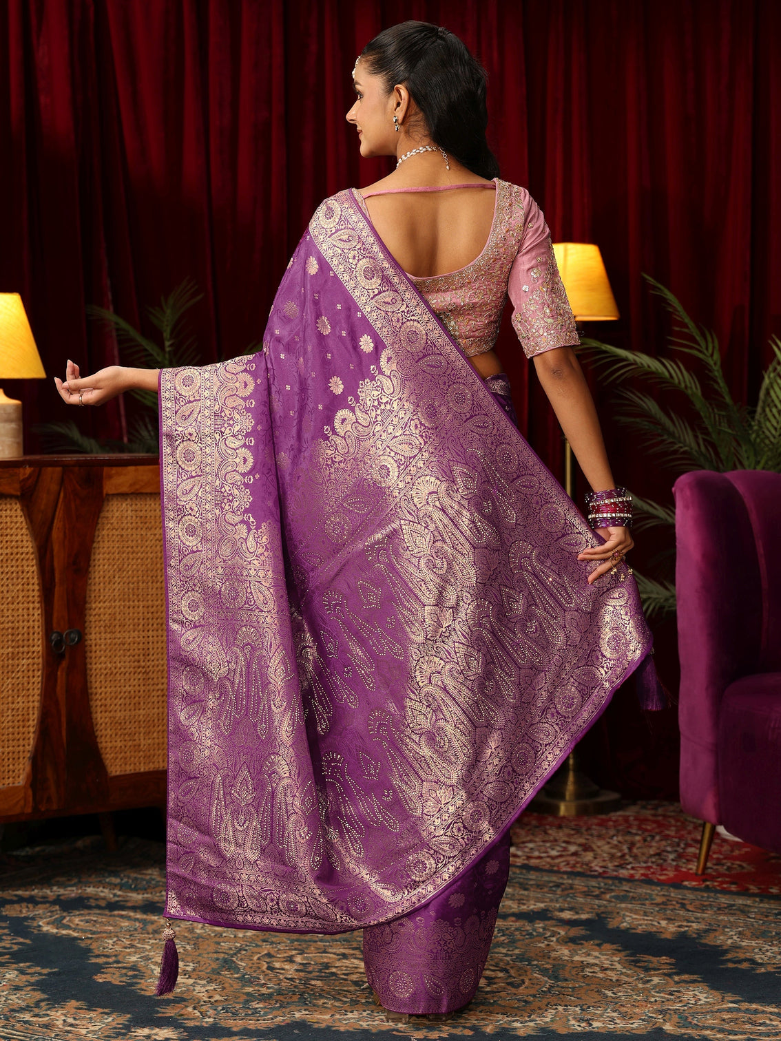 Mameraa Amethyst Purple Floral Brocade Saree with Stone Work