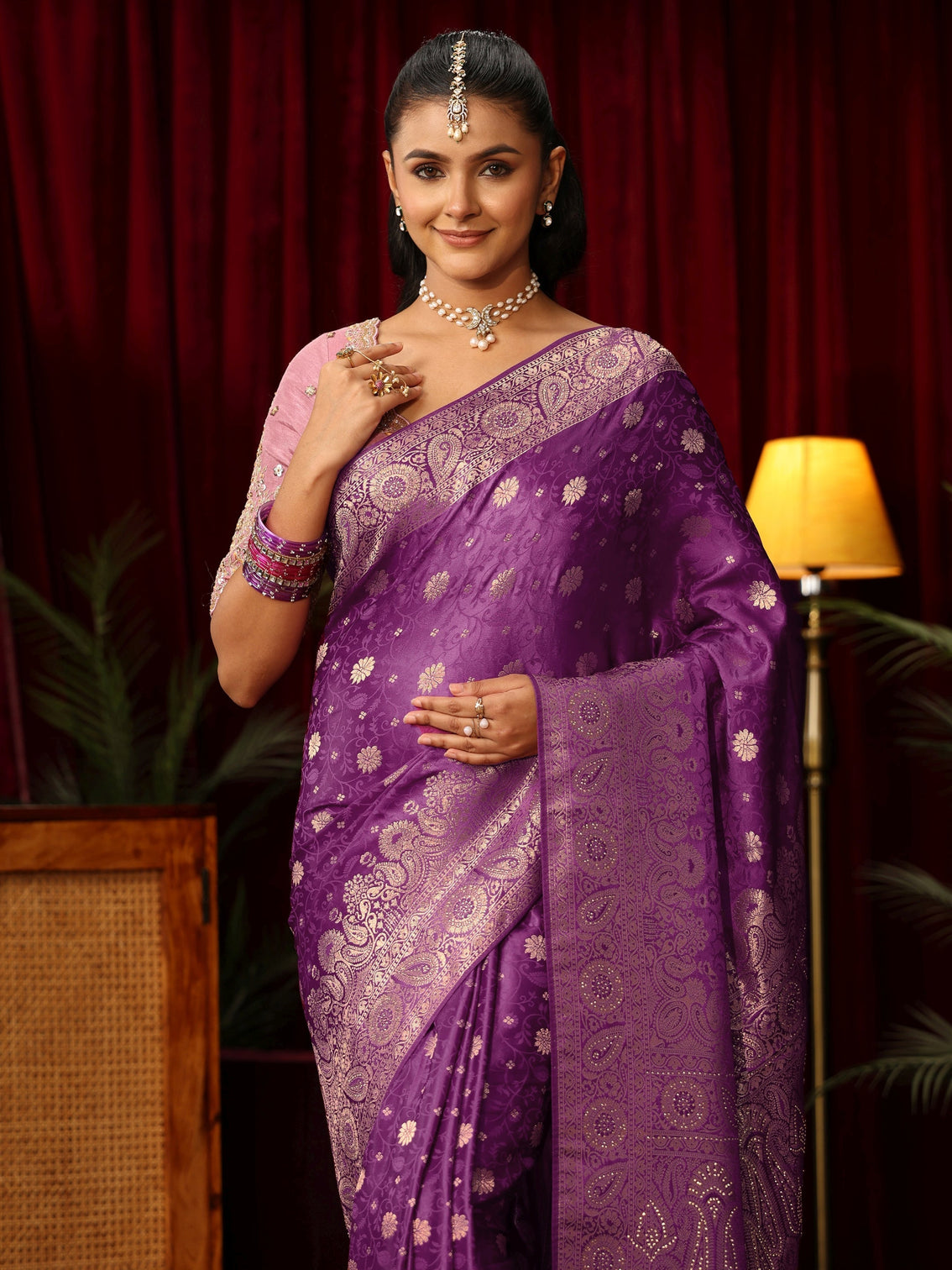 Mameraa Amethyst Purple Floral Brocade Saree with Stone Work