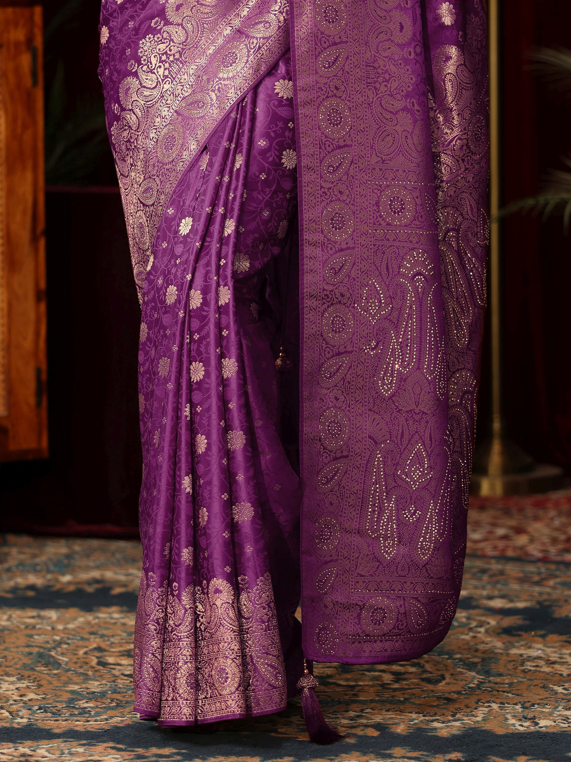 Mameraa Amethyst Purple Floral Brocade Saree with Stone Work