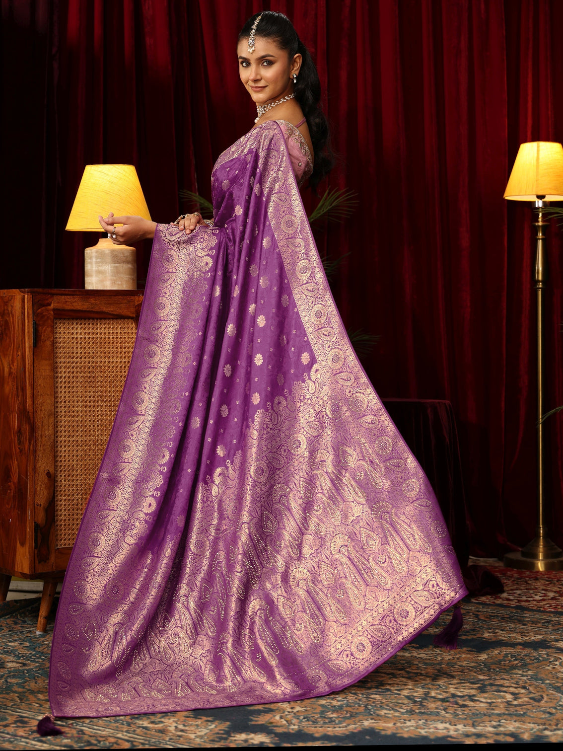 Mameraa Amethyst Purple Floral Brocade Saree with Stone Work