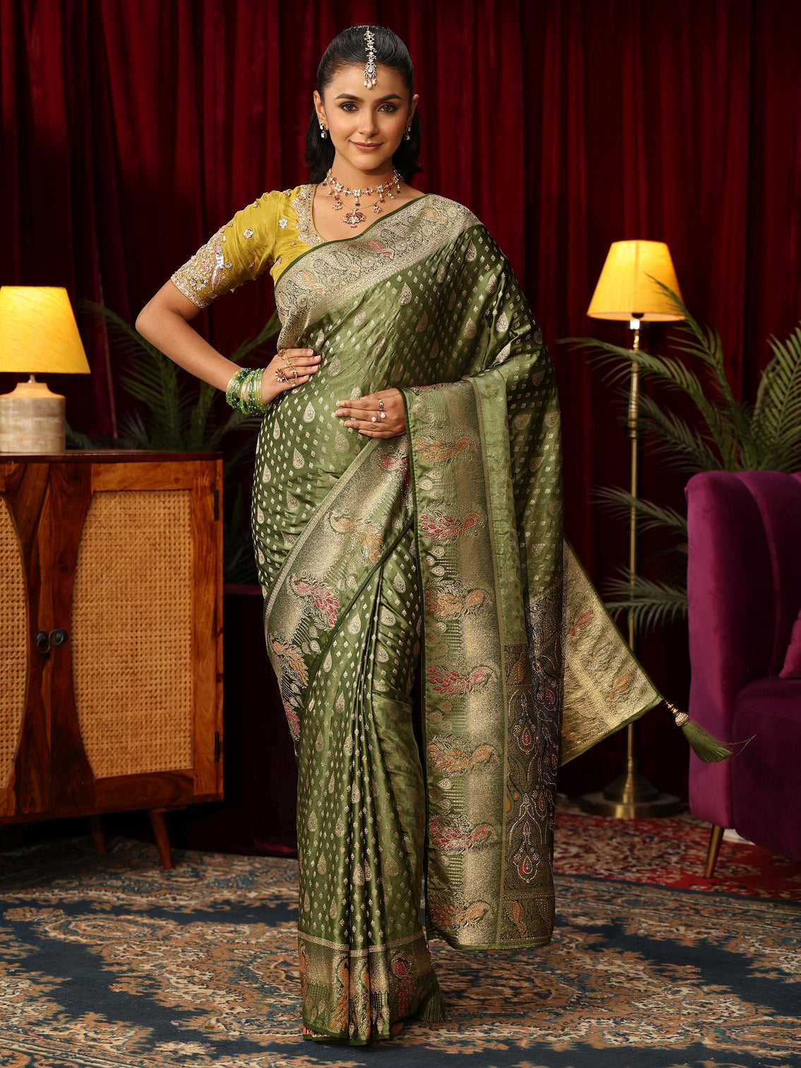 Mameraa Olive Green Woven Design Silk Blend Saree with Stone Work
