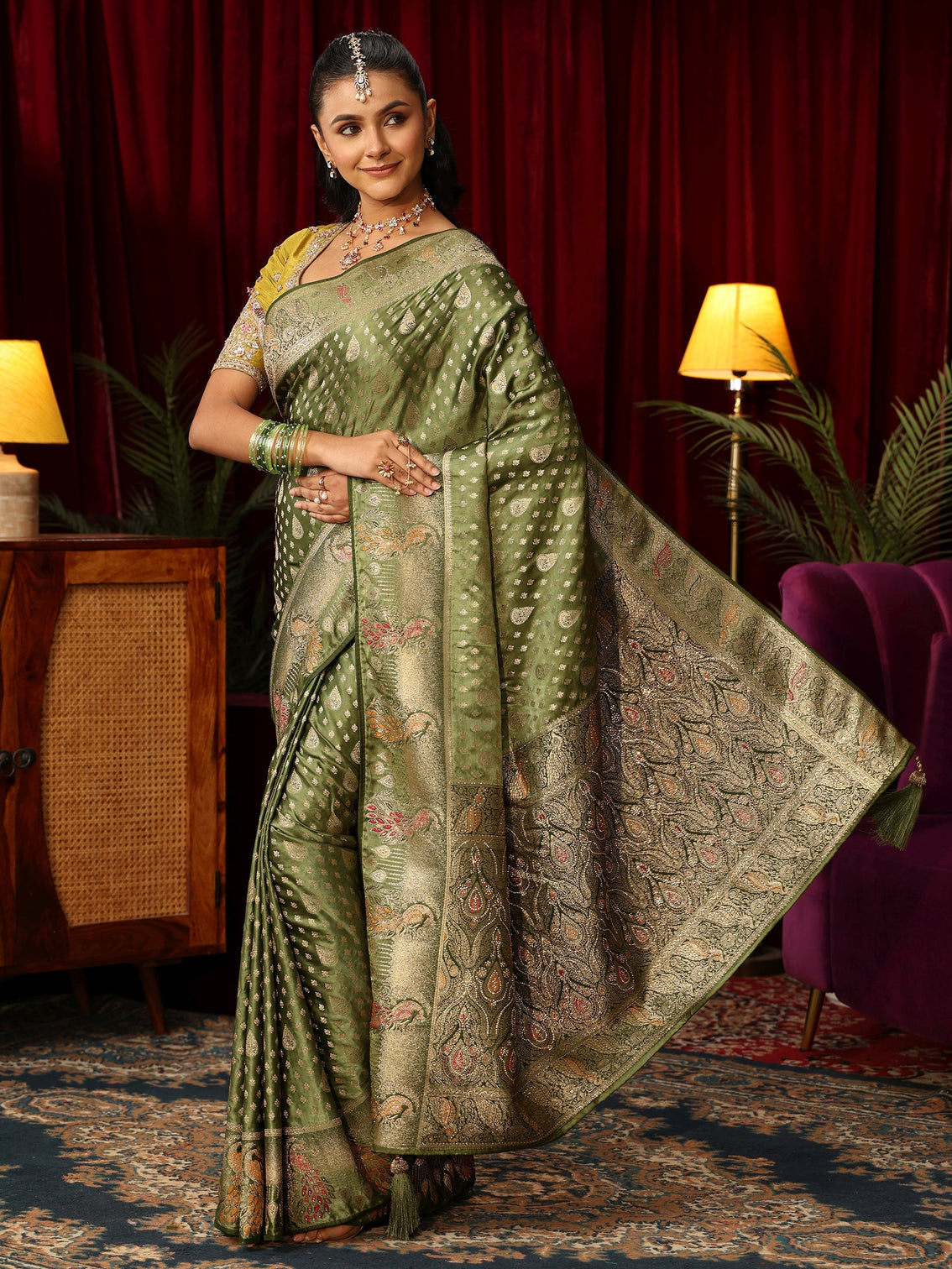 Mameraa Olive Green Woven Design Silk Blend Saree with Stone Work