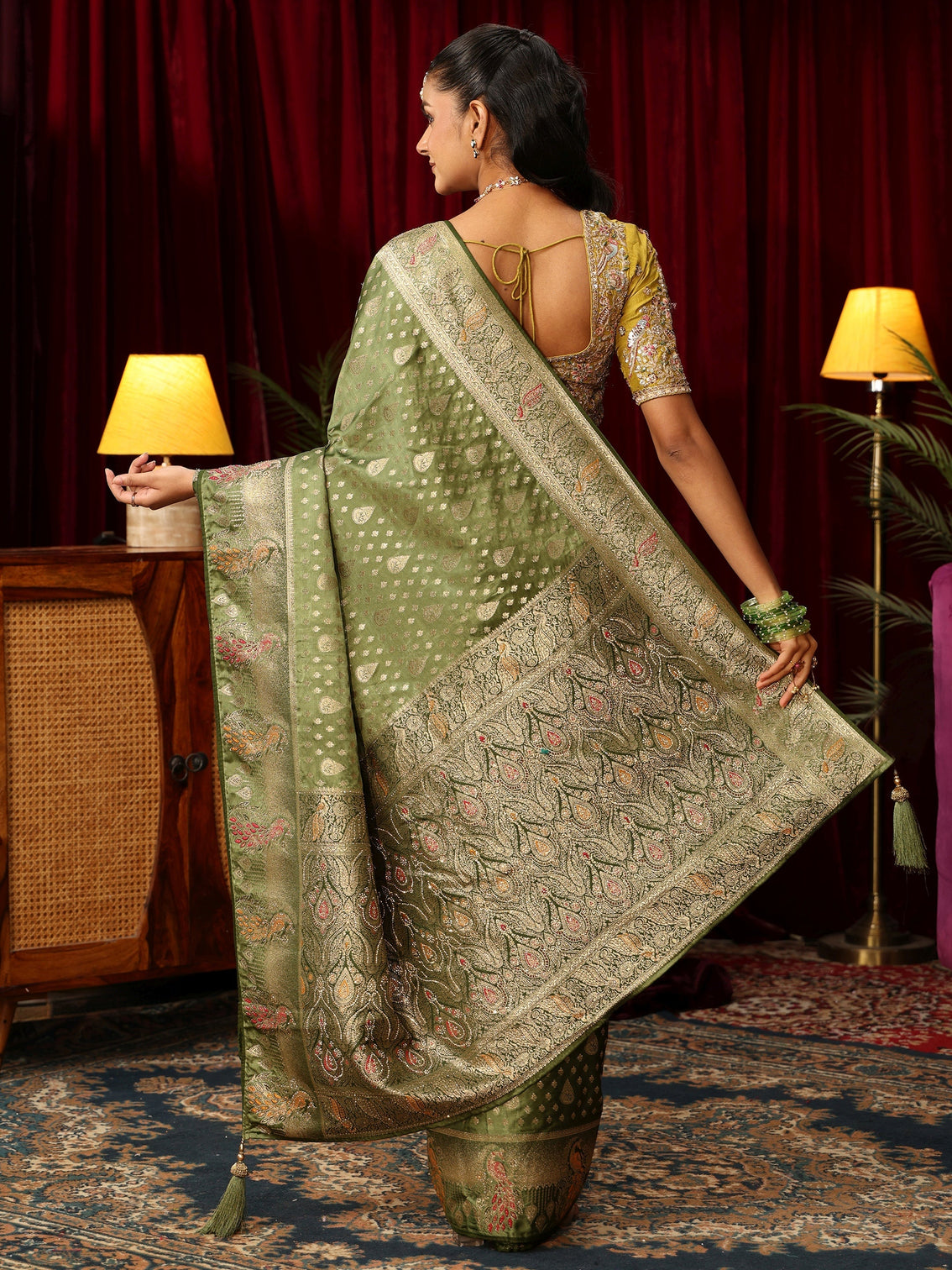 Mameraa Olive Green Woven Design Silk Blend Saree with Stone Work