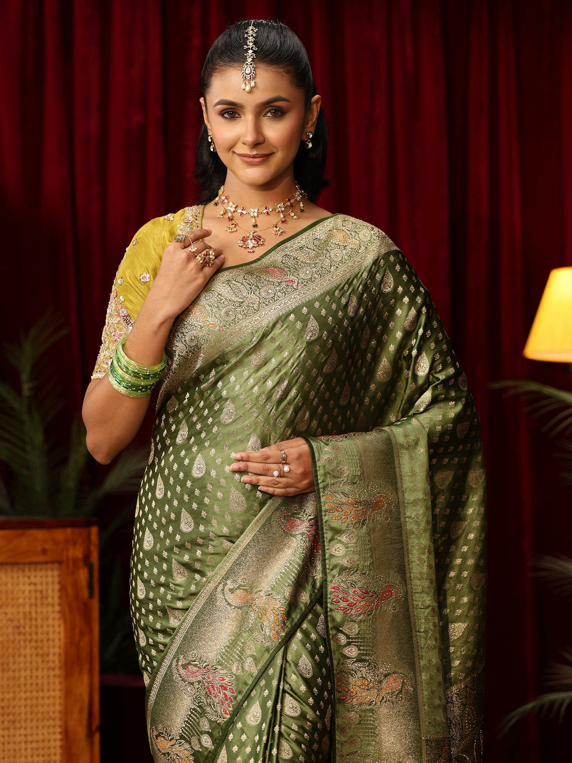 Mameraa Olive Green Woven Design Silk Blend Saree with Stone Work