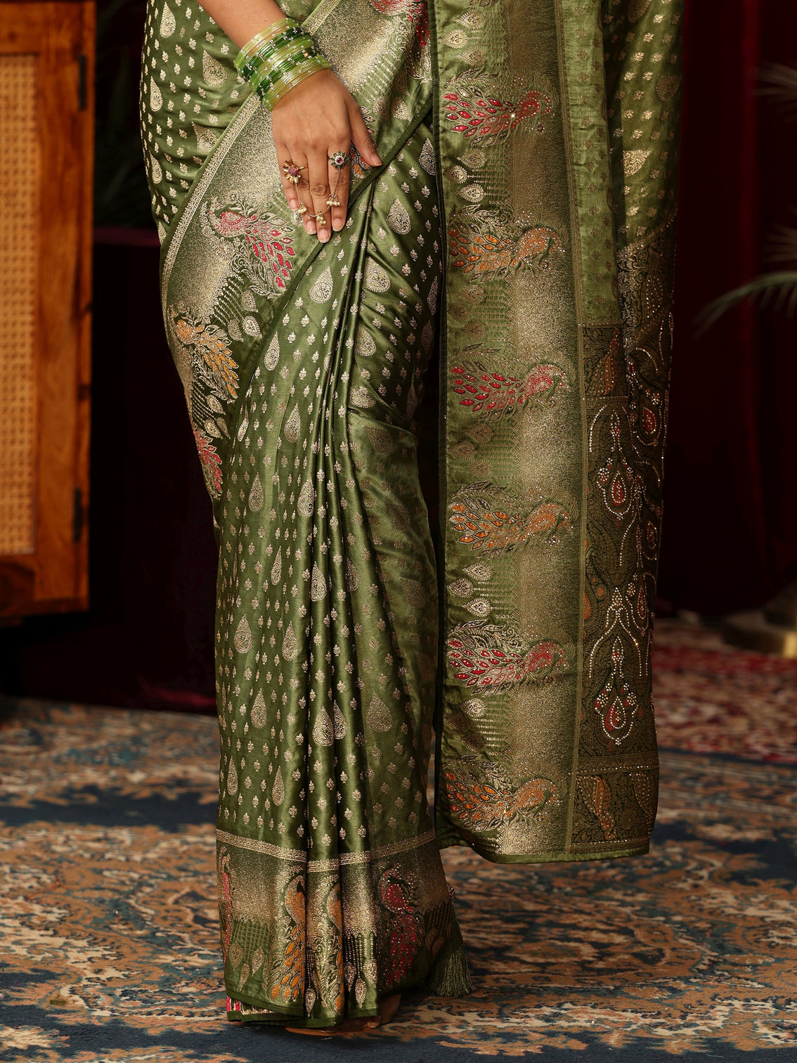 Mameraa Olive Green Woven Design Silk Blend Saree with Stone Work