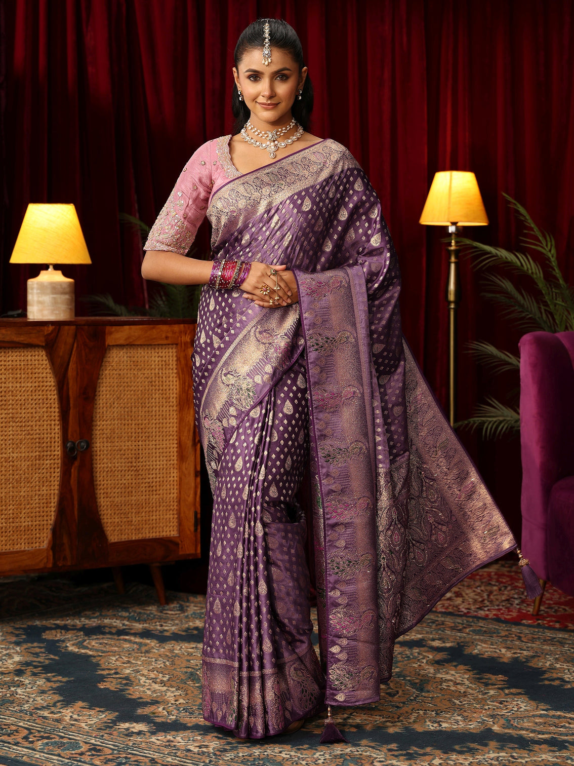 Mameraa Royal Purple Woven Design Silk Blend Saree with Stone Work