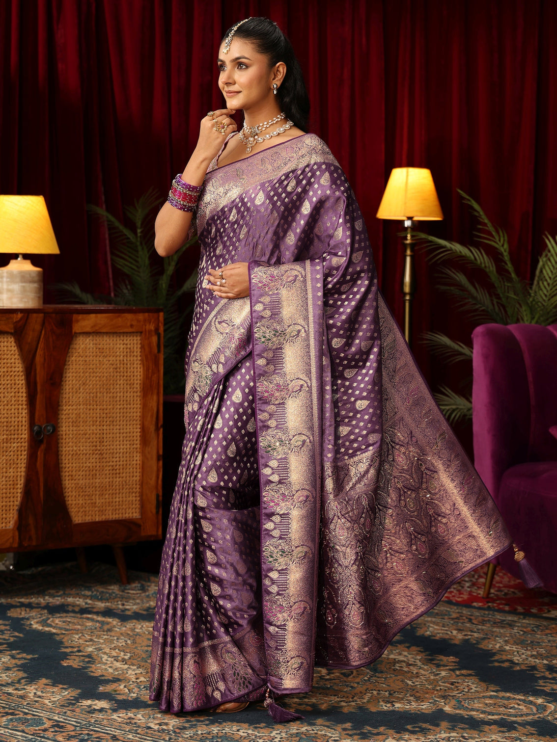 Mameraa Royal Purple Woven Design Silk Blend Saree with Stone Work